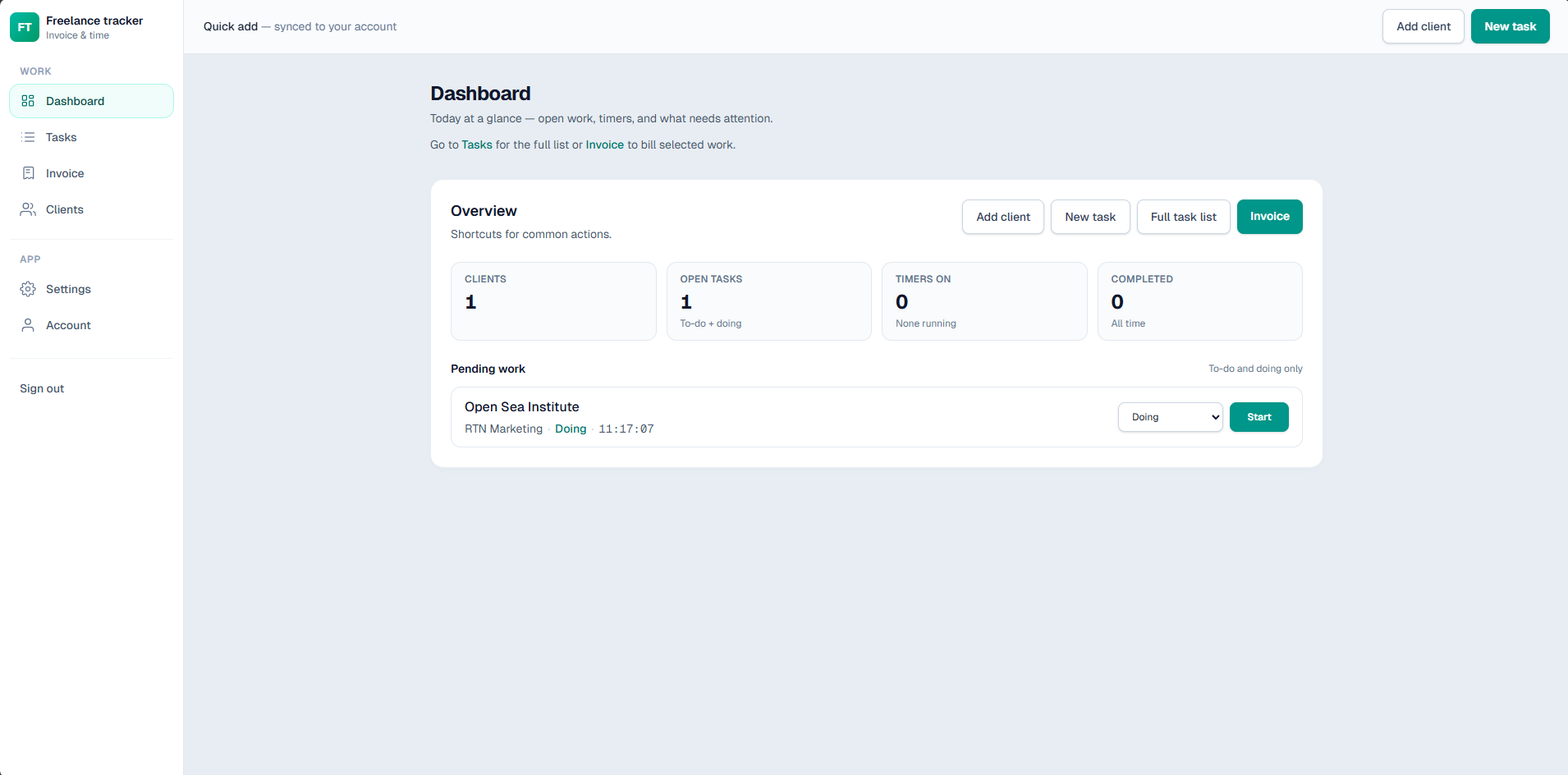Invoice Tracker dashboard showing open tasks, timers, and pending work