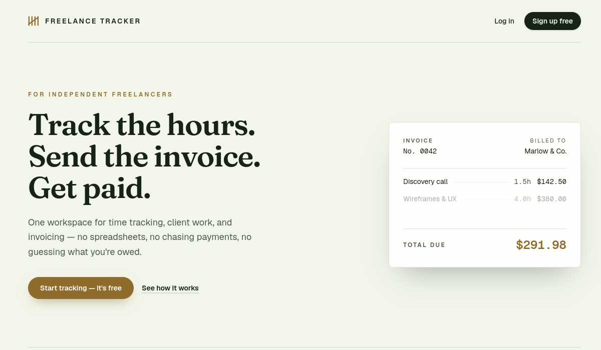 Freelance Invoice Tracker website hero showing its time tracking and invoicing offer