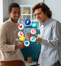 Team members collaborating with connected digital tools